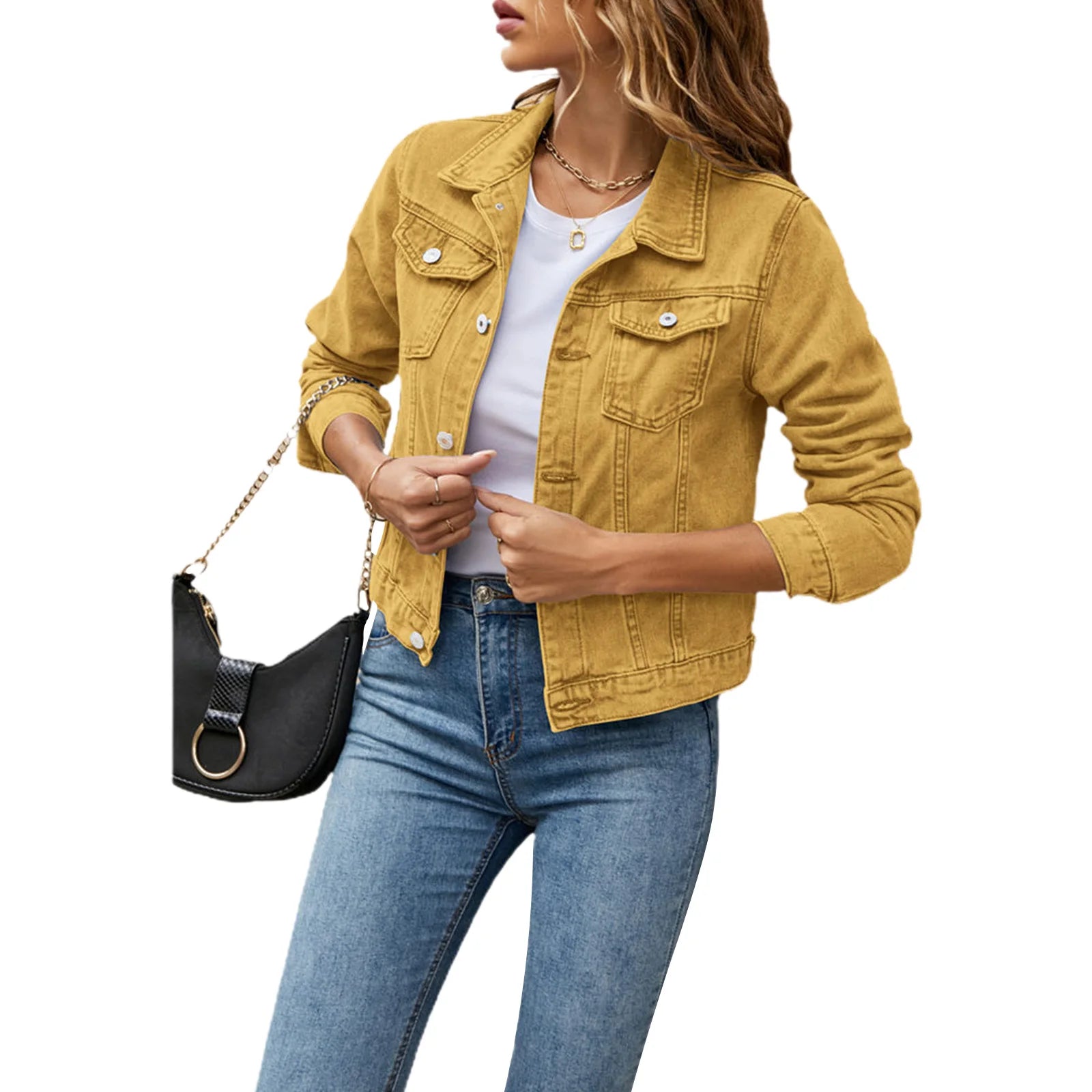 Frauen Denim Jacken Mode Weibliche Casual Langarm Revers Solide Taste Unten Brust Tasche Schlank Jean Jacke Herbst Winter Mantel