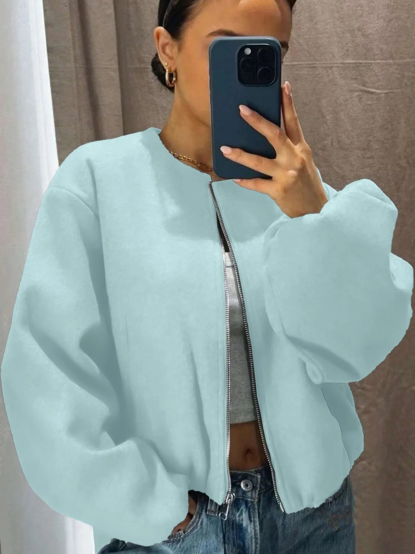 Mäntel Solide Zipper Strickjacke Frauen O Neck Jacke Langarm Gespleißt Taschen Lose Fit Herbst 2022, Casual Leichte Strech