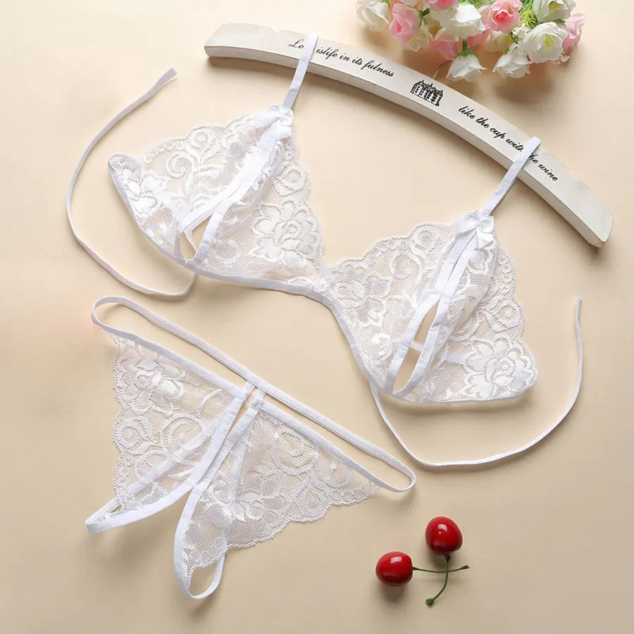 2-teiliges Spitzen-Unterwäsche-Set für Damen, floraler transparenter BH und transparentes Höschen, Dessous-Set, modisches sexy Kostüm, erotischer Bikini, Fetisch