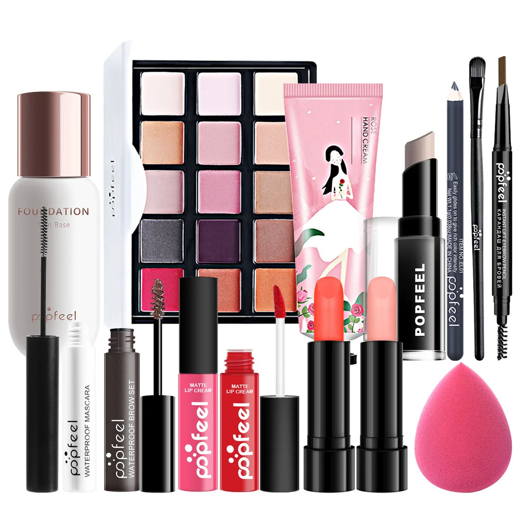 POPFEEL All-in-One-Make-up-Set, Geschenkset mit Lidschatten-Palette, Foundation, Lipgloss, Rouge, Pinsel, Eyeliner und mehr Schönheitsgeschenke