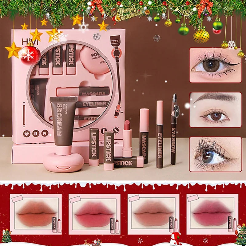 Weihnachts-Make-up-Set für Damen, 9 Lippenstifte, Puderpresse, BB-Creme, Augenbrauenstift, Mascara und Eyeliner-Set, für Frauen und Mädchen