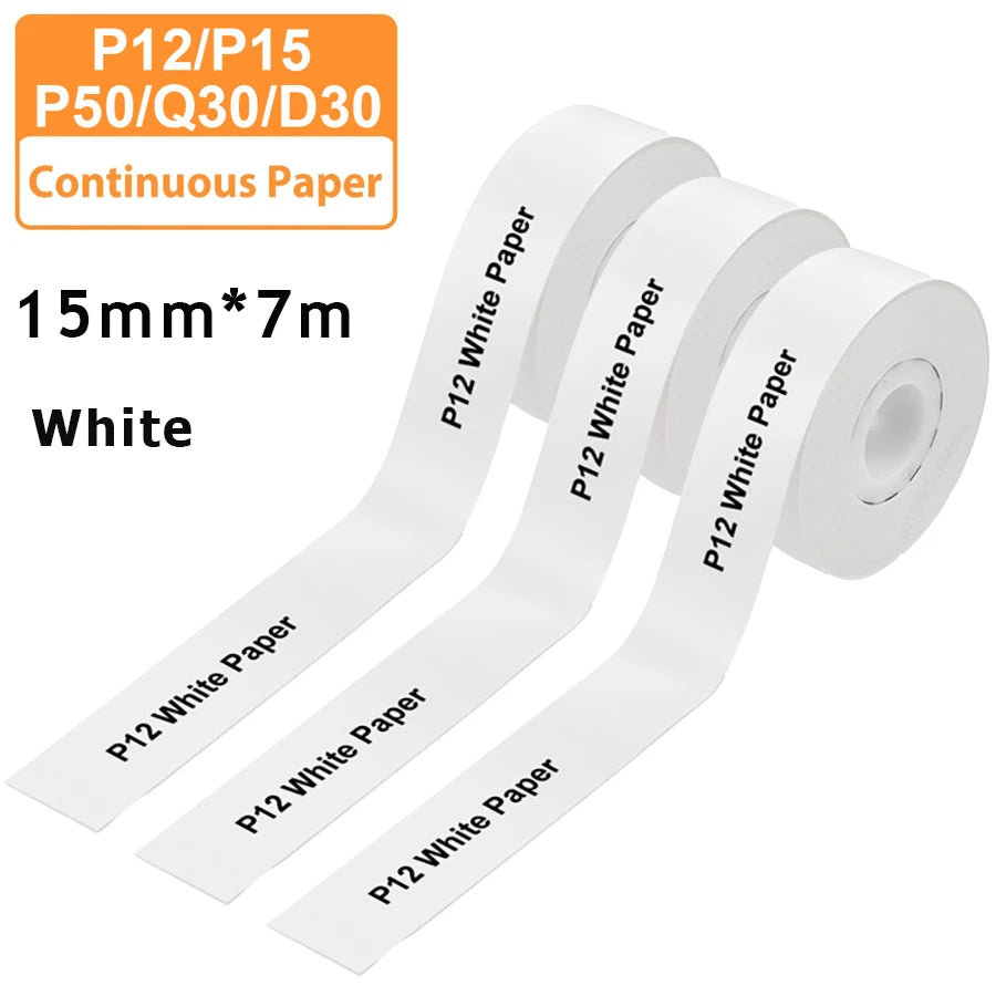 3 Stück 15 mm x 7 m kontinuierliches Etikettenpapier, passend für P12 P15 Phomemo D30 Q30 Drucker, wasserdichter, selbstklebender Thermodrucker