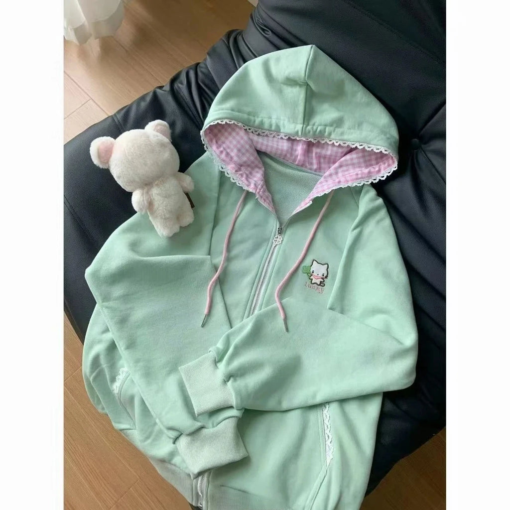 Japanische süße Mäntel Y2K Kleidung Hoodie Damen Tops Herbst und Winter Farbabstimmung Spleißen mit dicken Retro-Cardigan-Jacken