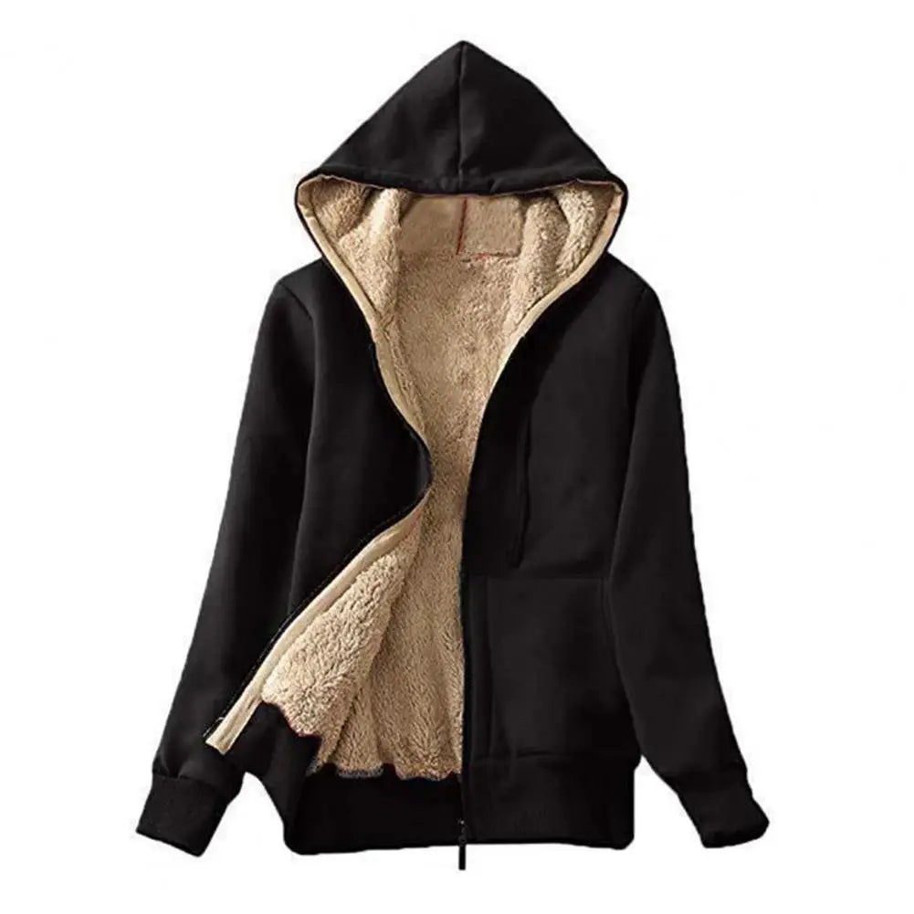 Lightweight Jacket Cozy Fleece-lined Winter Hoodie with Pockets for Women Stylish Zip-up Coat with Drawstring Hem Elastic Cuffs