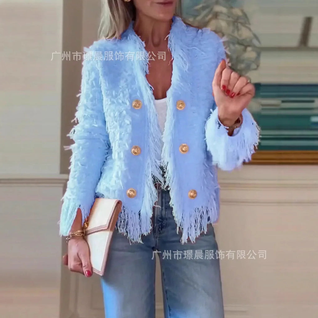 Frauen Feste Mäntel Fransen Kurze Jacke Quaste Lange Ärmel V-ausschnitt Einreiher Slim Fit Büro Dame Casual 2025, Herbst Winter