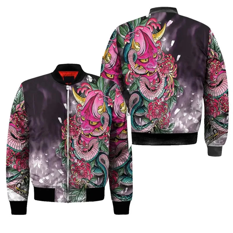 Frühling Herbst Herren Bomberjacke Samurai Oni Maske Tattoo 3D All Over Gedruckt Reißverschluss Trainingsanzüge Unisex Casual Reißverschluss Jacke Kleidung