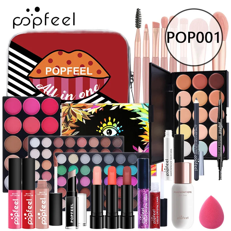 POPFEEL All-in-One-Make-up-Set, Geschenkset mit Lidschatten-Palette, Foundation, Lipgloss, Rouge, Pinsel, Eyeliner und mehr Schönheitsgeschenke
