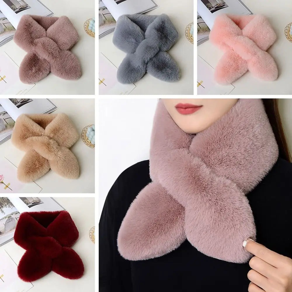 Frauen Winter Warm Verdicken Kreuz Kragen Schal Einfarbig Faux Kaninchen Fell Plüsch Elegante Schal Schals Halstuch Wrap Hals Wärmer