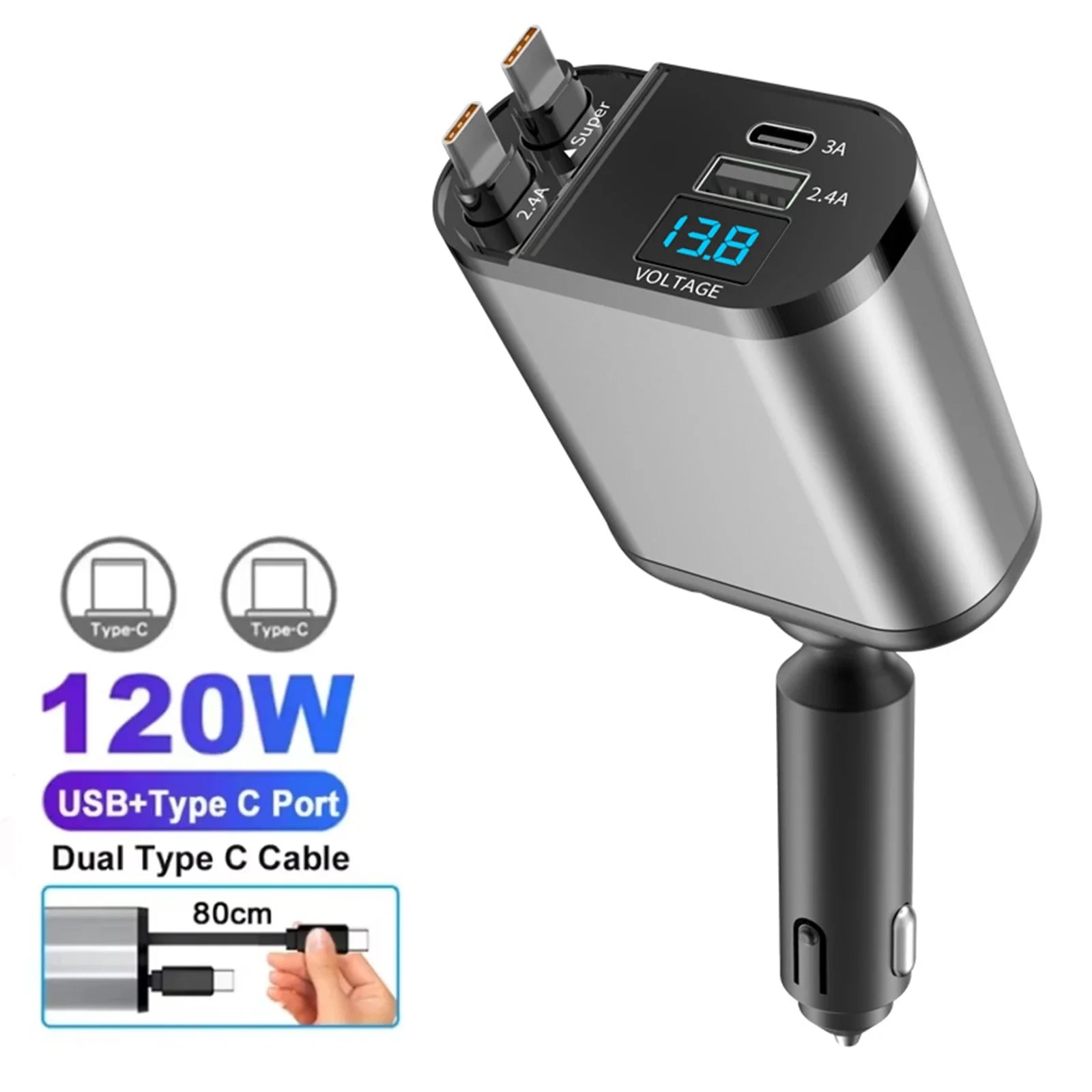 120 W 4/5 IN 1 Versenkbare Auto Ladegerät USB C Kabel Für IPhone Huawei Samsung Schnelle Ladekabel Zigarette leichter Adapter PD QC3.0