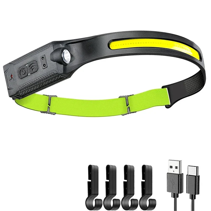 LED-Stirnlampe, wiederaufladbar, 3 Modi, Beleuchtung, Scheinwerfer, Taschenlampe, eingebauter Akku, Lauflicht für Outdoor-Camping, Notfalllampe