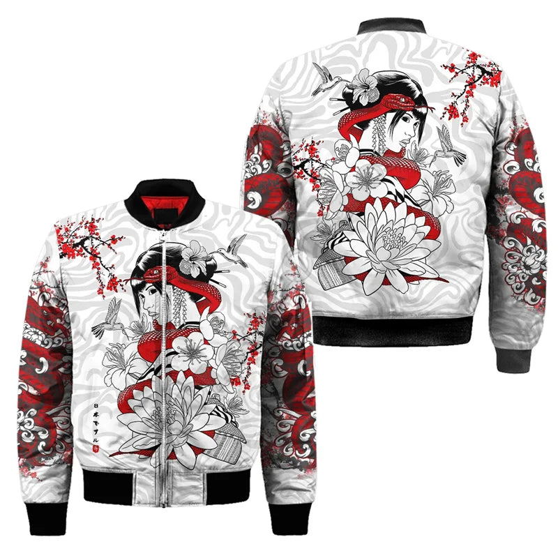 3d gedruckt neue Samurai oni Maske Tattoo Herren Bomber jacke lässig Frühling Herbst Vintage Reiß verschluss Jacke Unisex Kleidung Streetwear