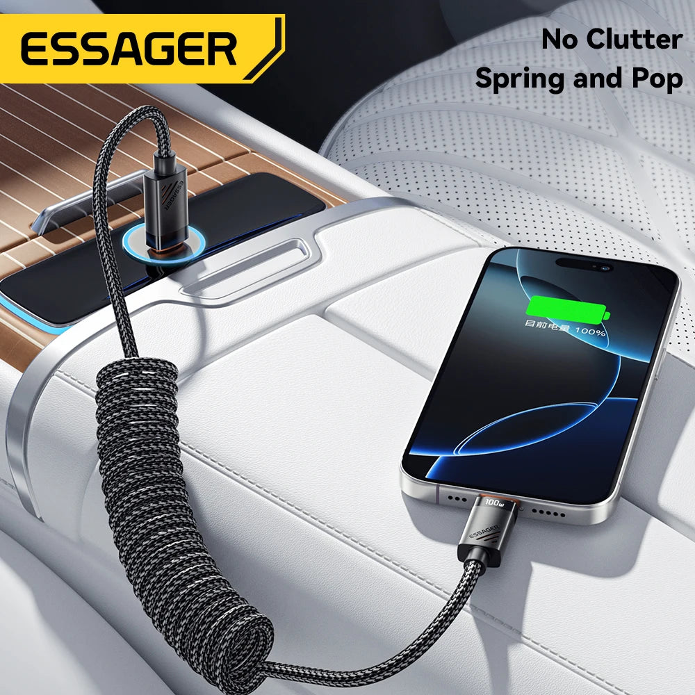 Essager Auto-Feder-Typ-C-Kabel für iPhone 16 15 Xiaomi Samsung 100 W PD Schnellladung für MacBook iPad Typ C auf Typ-C-Kabel