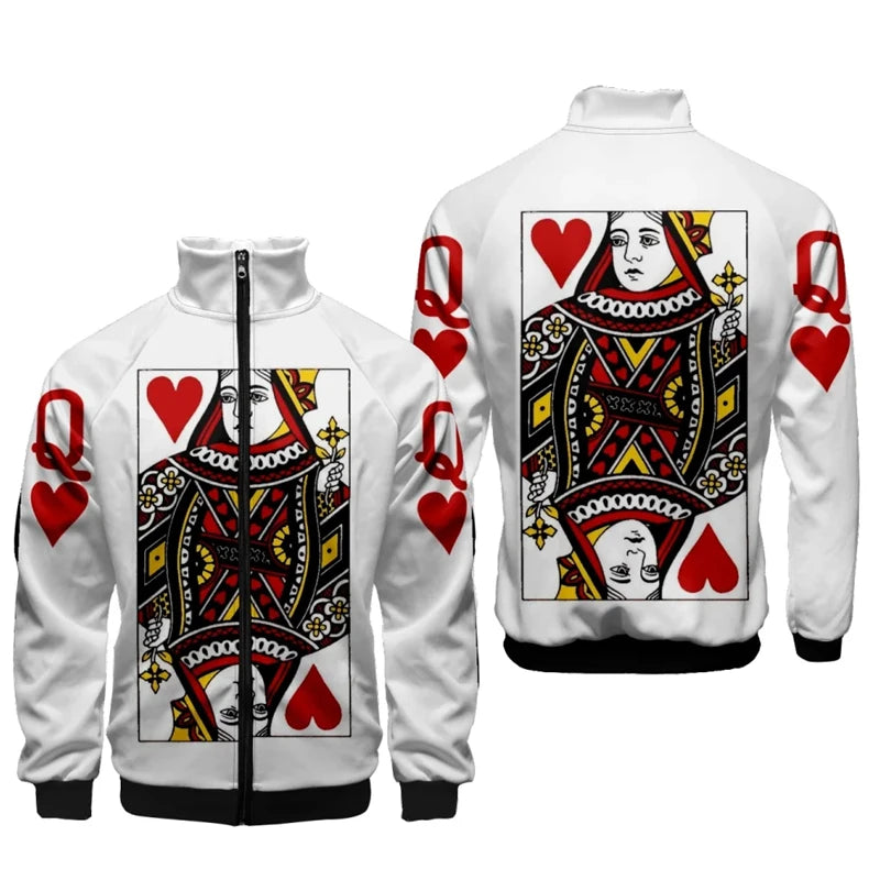 Spielkarten Poker k ein Druck 3d Stand Kragen Hoodies Männer Frauen Reiß verschluss Hoodie lässig Langarm Jacke King Queen Mantel Kleidung