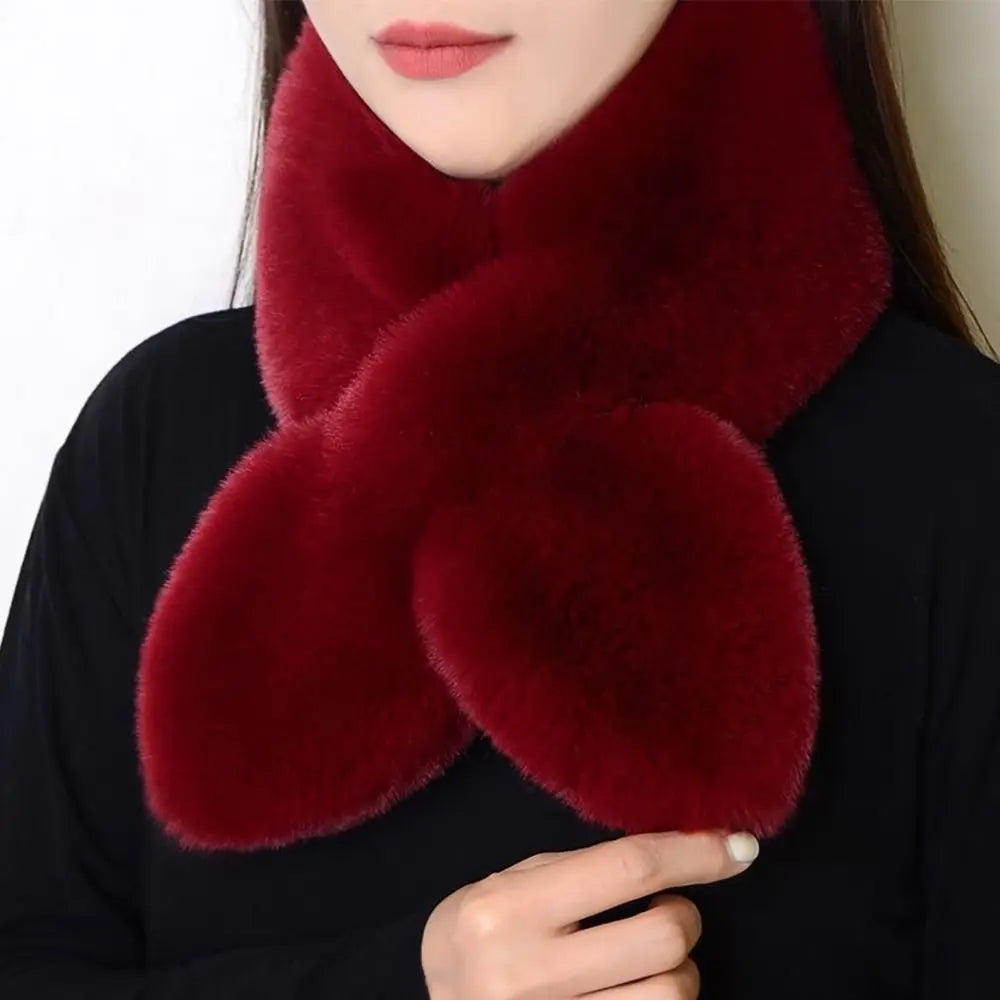 Frauen Winter Warm Verdicken Kreuz Kragen Schal Einfarbig Faux Kaninchen Fell Plüsch Elegante Schal Schals Halstuch Wrap Hals Wärmer