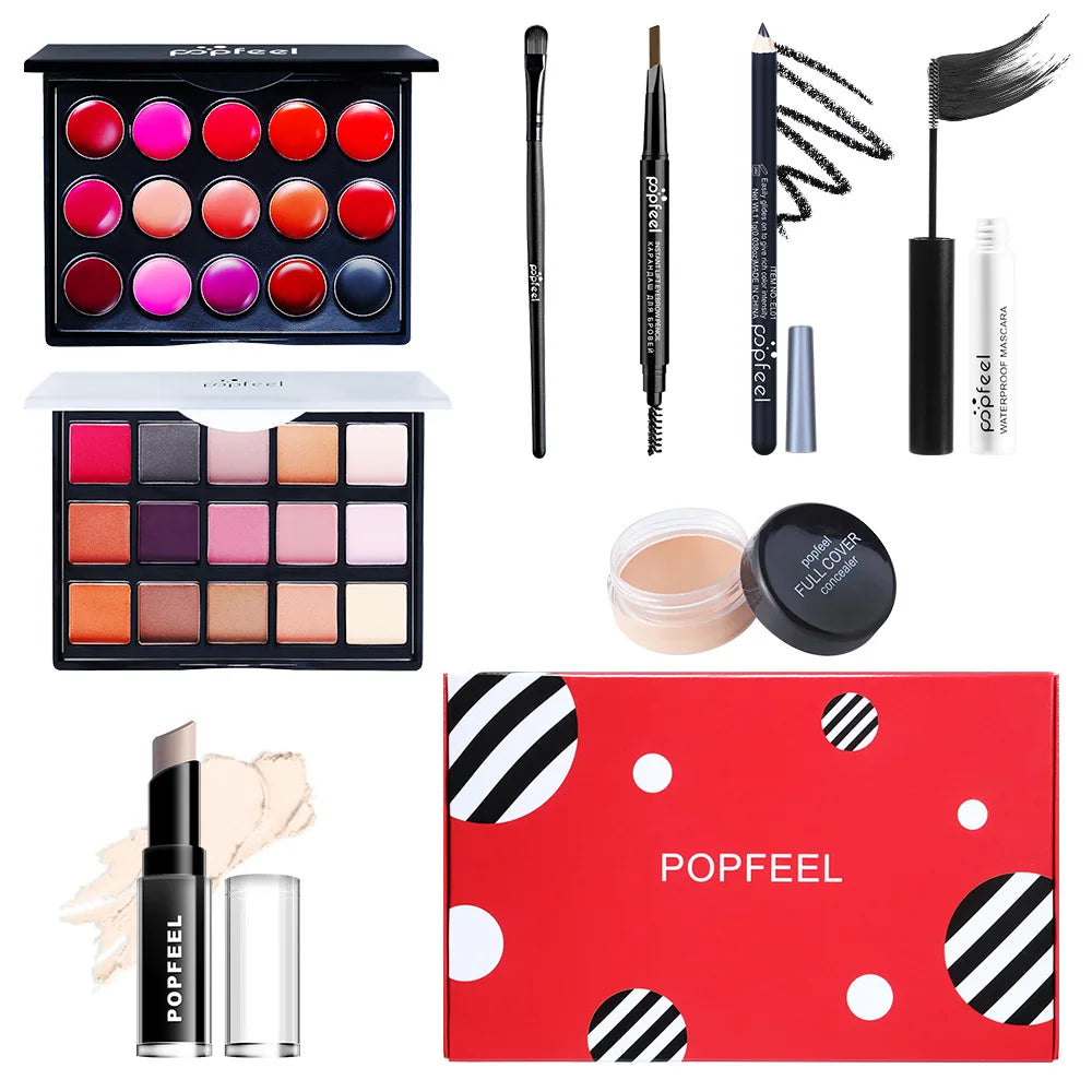 POPFEEL All-in-One-Make-up-Set, Geschenkset mit Lidschatten-Palette, Foundation, Lipgloss, Rouge, Pinsel, Eyeliner und mehr Schönheitsgeschenke