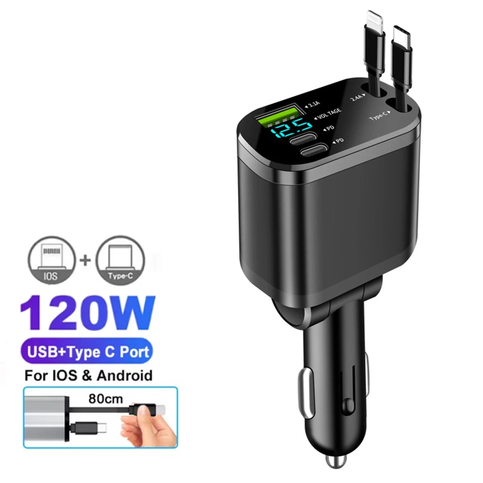 120 W 4/5 IN 1 Versenkbare Auto Ladegerät USB C Kabel Für IPhone Huawei Samsung Schnelle Ladekabel Zigarette leichter Adapter PD QC3.0