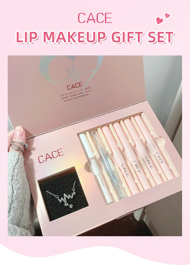 CACE Mattflüssiger Lippenstift-Make-up-Sets, 4 Farben Lipgloss und 1 transparenter Lipgloss und 1 Stück Lippenbalsam, praller und Halsketten-Geschenk