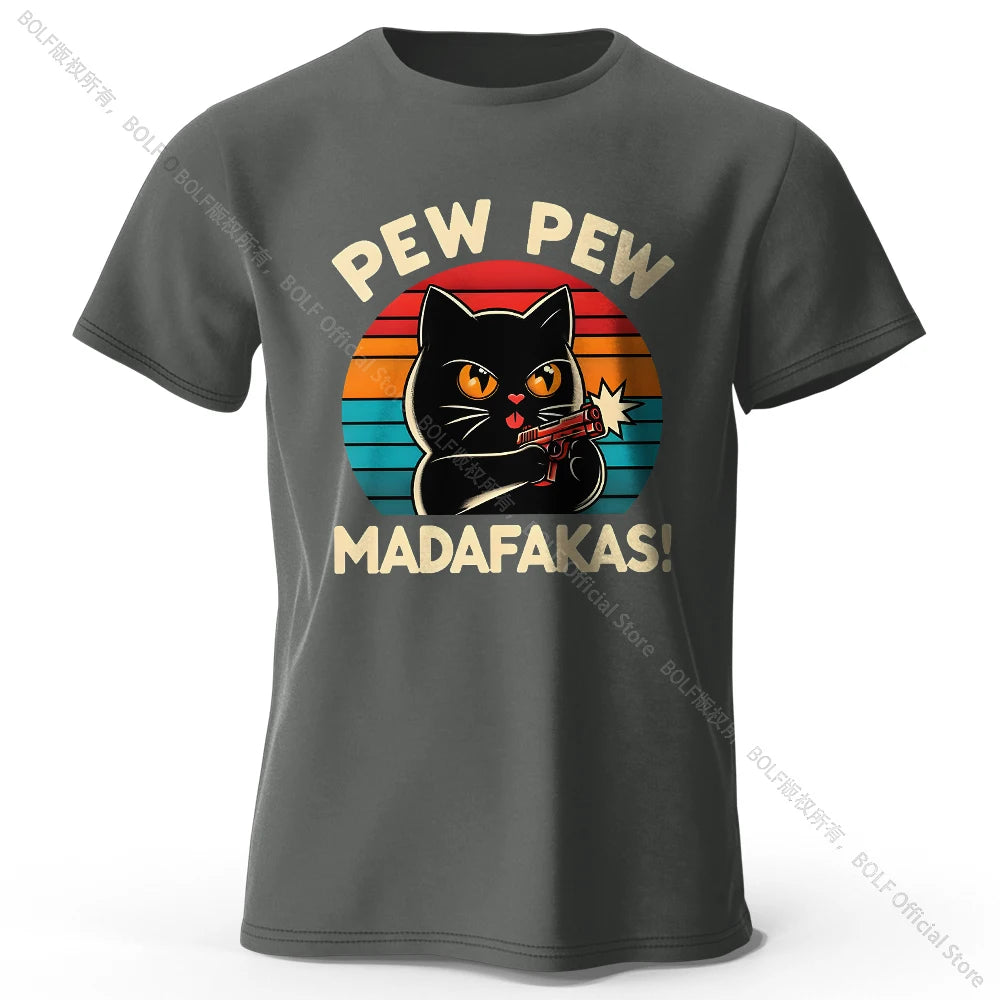 Niedliches handgezeichnetes Katzen-Doodle-Print-T-Shirt aus 100 % Baumwolle, ultraweiches Rundhals-Kurzarm-T-Shirt für Männer und Frauen