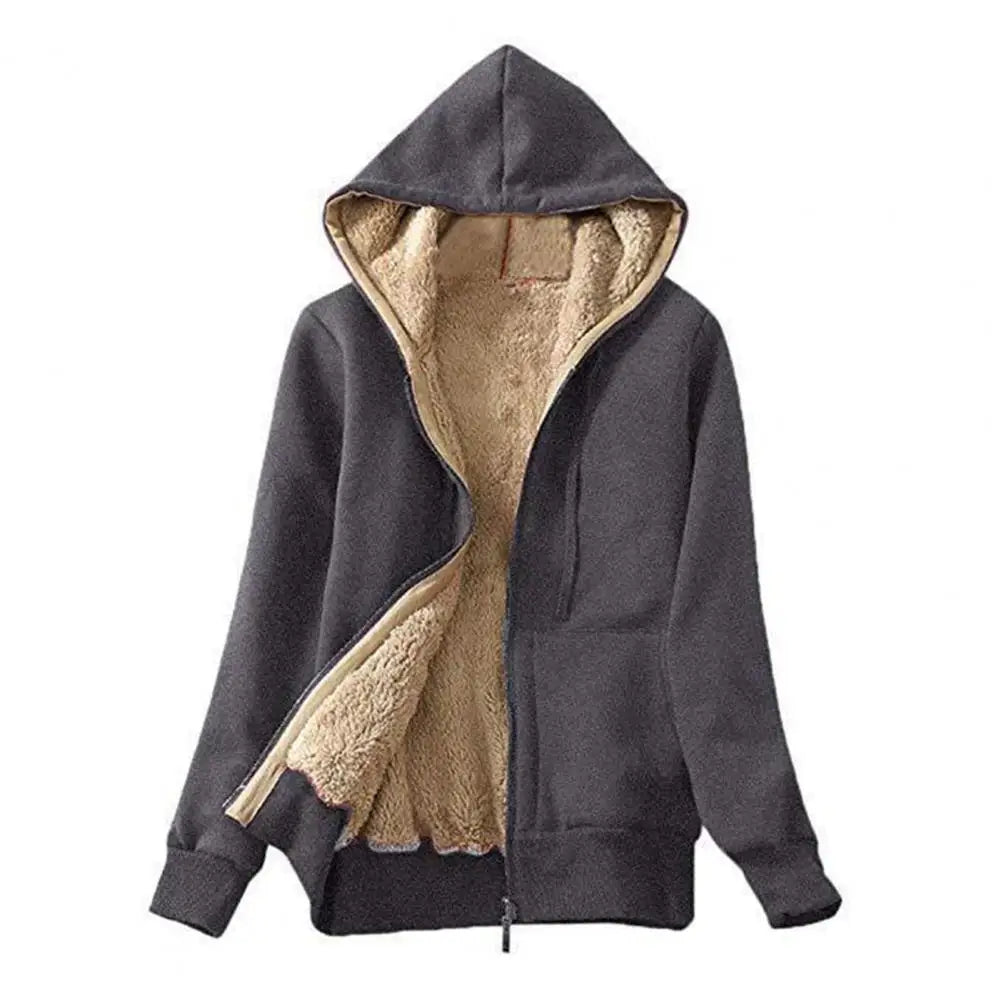 Lightweight Jacket Cozy Fleece-lined Winter Hoodie with Pockets for Women Stylish Zip-up Coat with Drawstring Hem Elastic Cuffs