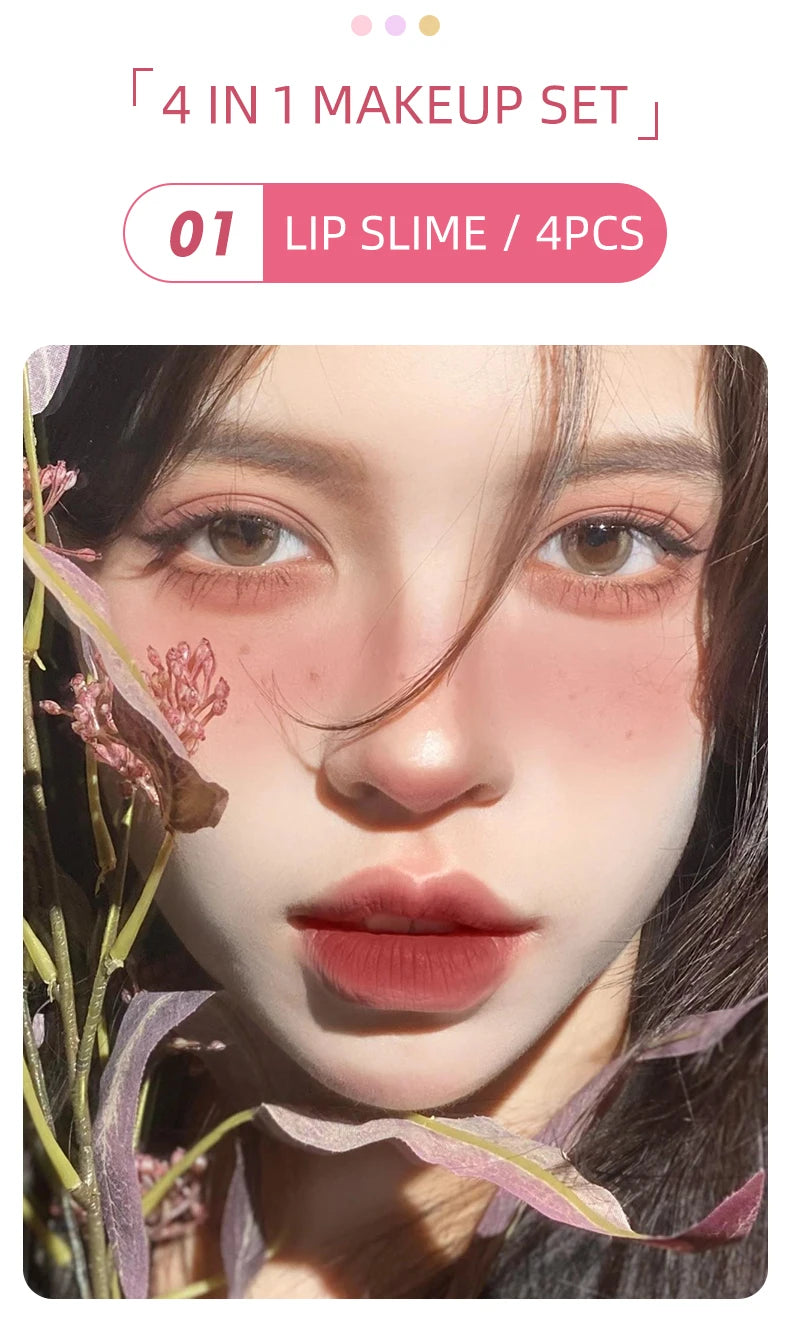CACE Mattflüssiger Lippenstift-Make-up-Sets, 4 Farben Lipgloss und 1 transparenter Lipgloss und 1 Stück Lippenbalsam, praller und Halsketten-Geschenk