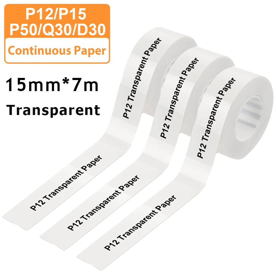 3 Stück 15 mm x 7 m kontinuierliches Etikettenpapier, passend für P12 P15 Phomemo D30 Q30 Drucker, wasserdichter, selbstklebender Thermodrucker