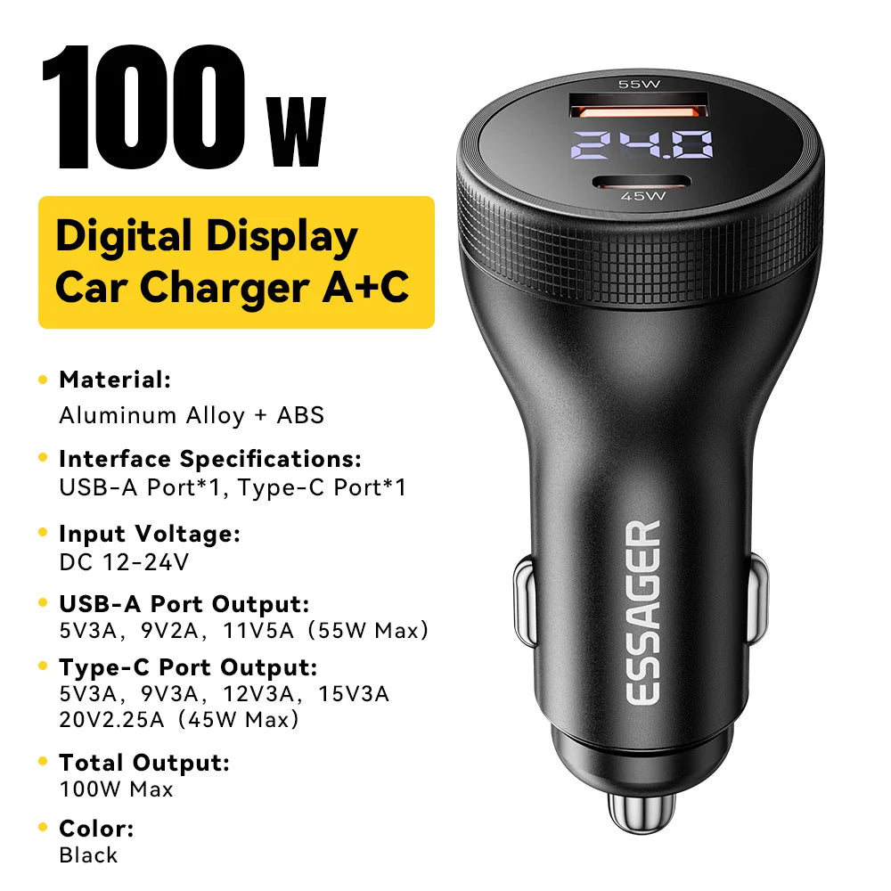 Essager 100 W Autoladegerät USB C Quick Charge PD 45 W für iPhone 15 pro 14 Xiaomi Poco Samsung Galaxy S24 Schnellladegerät