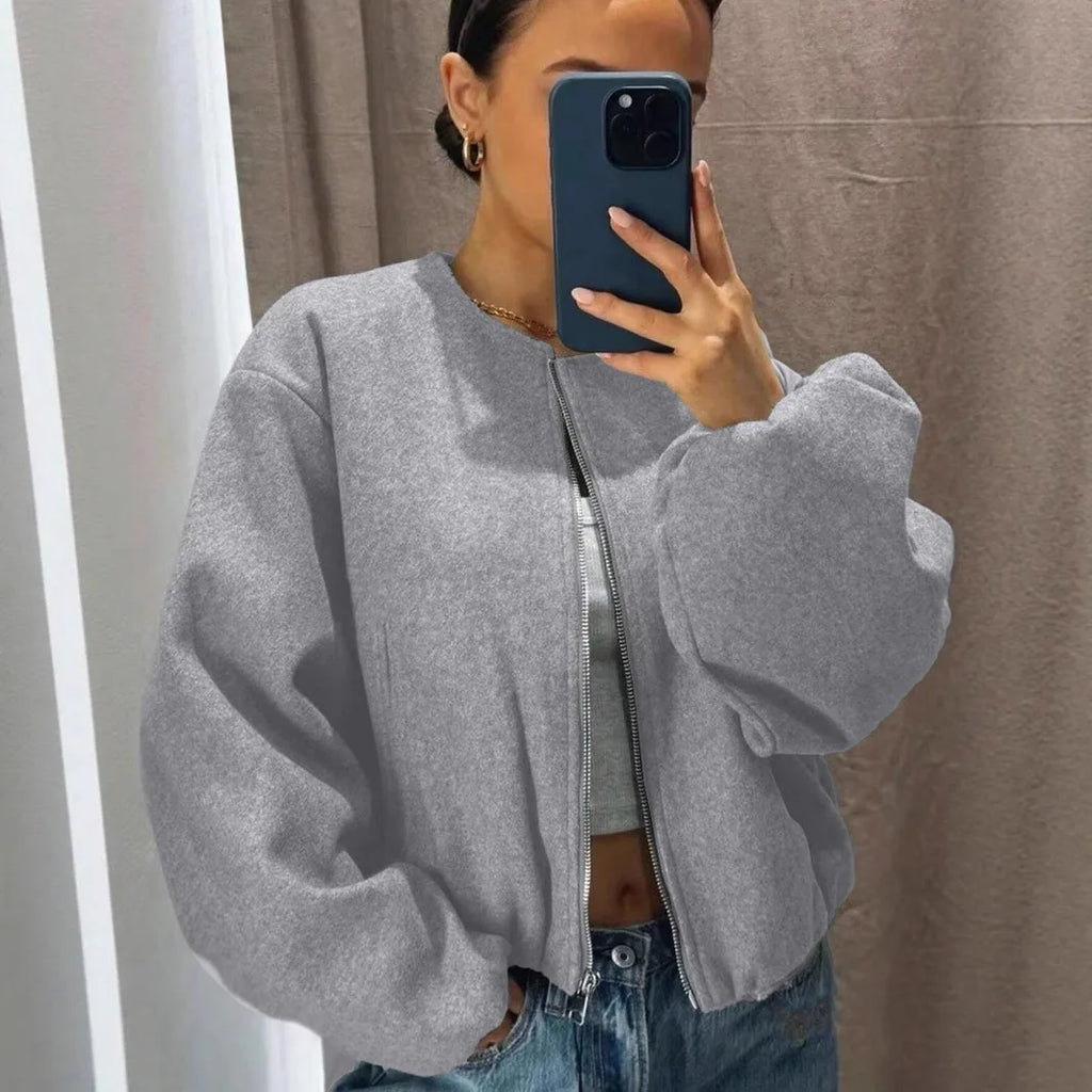 Mäntel Solide Zipper Strickjacke Frauen O Neck Jacke Langarm Gespleißt Taschen Lose Fit Herbst 2022, Casual Leichte Strech