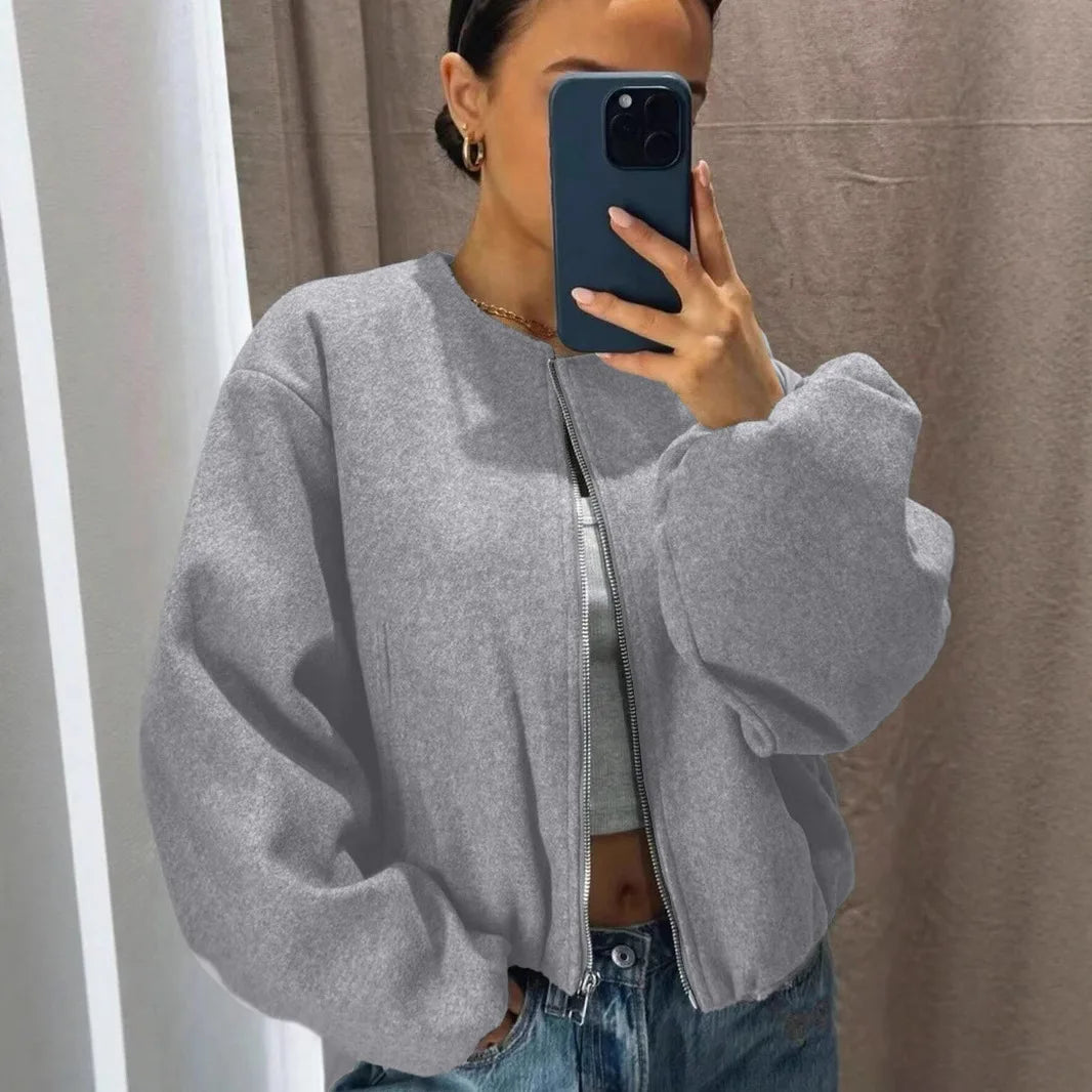 Mäntel Solide Zipper Strickjacke Frauen O Neck Jacke Langarm Gespleißt Taschen Lose Fit Herbst 2022, Casual Leichte Strech