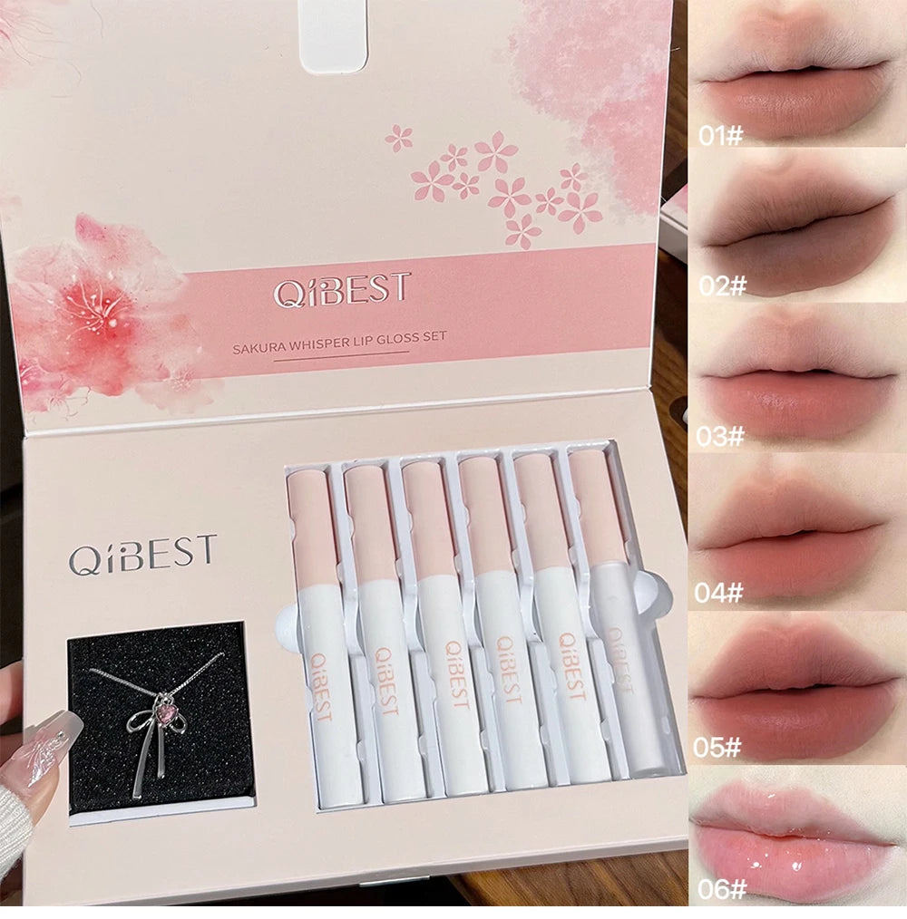 QIBEST 6 Teile/schachtel Matte Lippenstift Sets Und Spiegel Wässrige Lip Glasur Anhaltende Lip Make-Up Sets Feuchtigkeitsspendende Lipgloss Halskette Geschenk