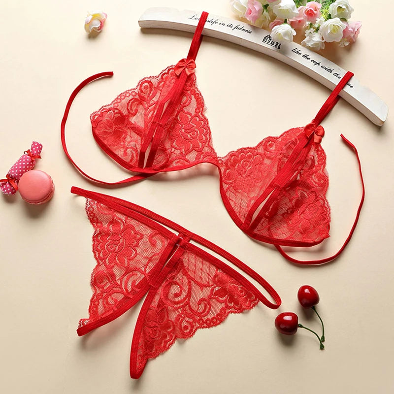2-teiliges Spitzen-Unterwäsche-Set für Damen, floraler transparenter BH und transparentes Höschen, Dessous-Set, modisches sexy Kostüm, erotischer Bikini, Fetisch