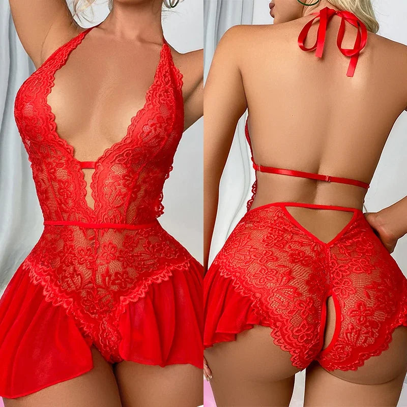Sexy Ouvert Weiße Unterwäsche Frauen Spitze Hohl Bh Set Erotische Kostüm Teddy Baby Puppe Kleid Tiefe V Offenen Bh Porno Dessous Set