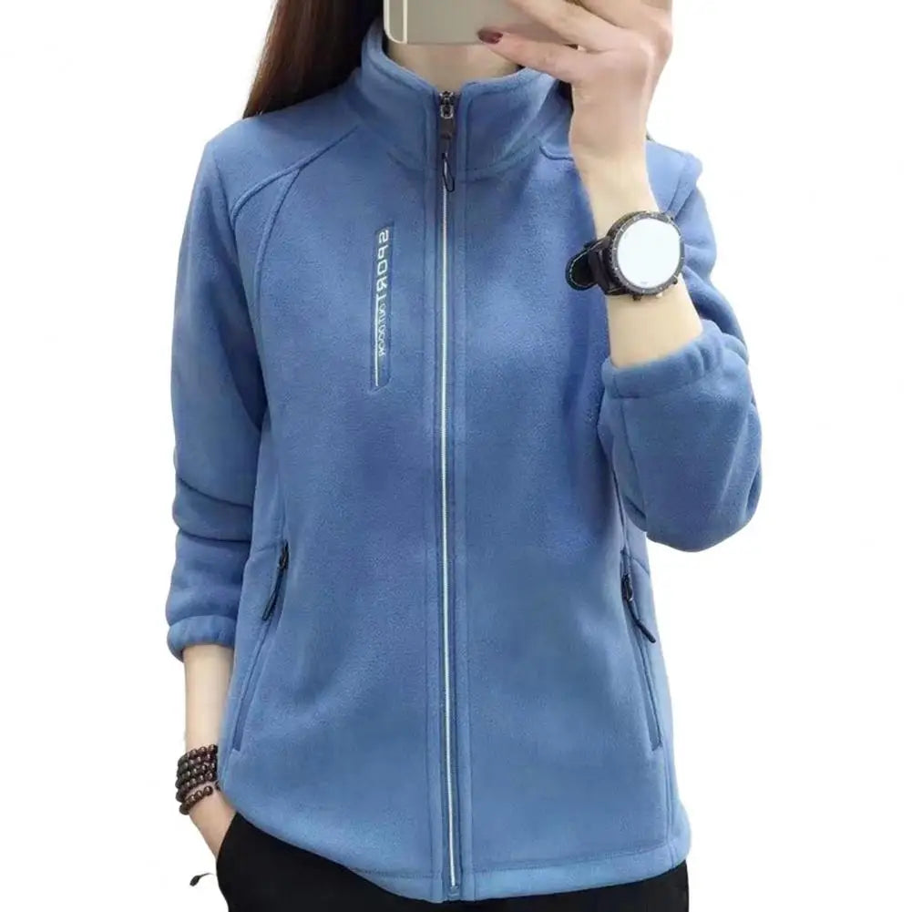 Frauen Stehkragen Mantel Dame Mädchen Zip-up Polar Fleece Sport Stil Tops Reißverschluss Taschen Solide Dicke Plüsch Thermische Strickjacke mantel