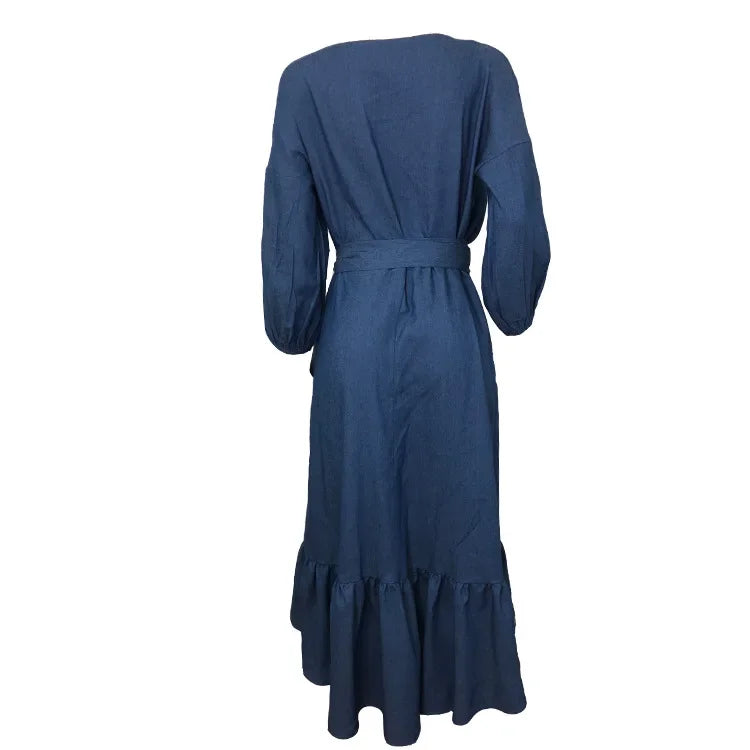Elegantes V-Ausschnitt-Damenkleid 2024, Rüschen, Schnürung, Vintage, blaue Kleider, Retro-Laternenärmel, Party, Nacht, Vestidos, Frühling und Sommer