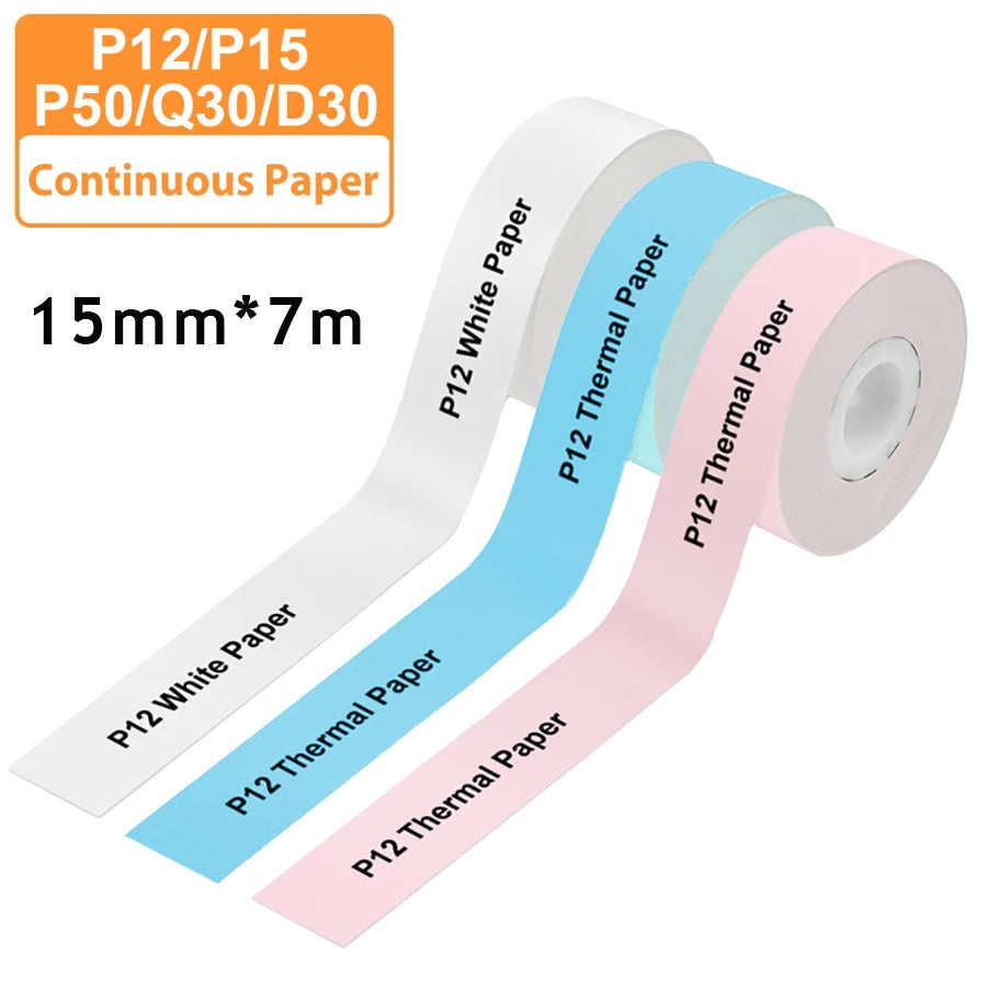 3 Stück 15 mm x 7 m kontinuierliches Etikettenpapier, passend für P12 P15 Phomemo D30 Q30 Drucker, wasserdichter, selbstklebender Thermodrucker