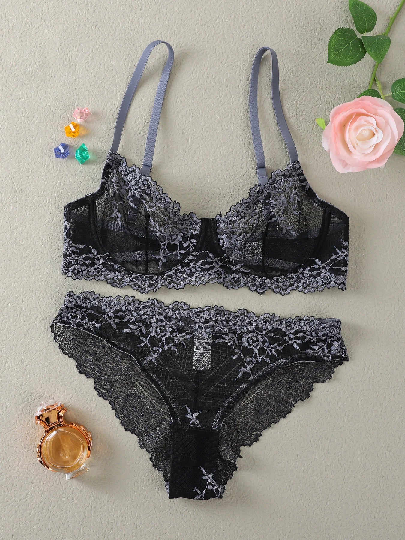 2-teiliges Set – Spitzen-BH + Höschen-Set – durchsichtiges Spitzen-Dessous-Set – mehrere Farben erhältlich – Spitzen-Damen-Dessous-Set – sexy Dessous-Set – mit Bügel