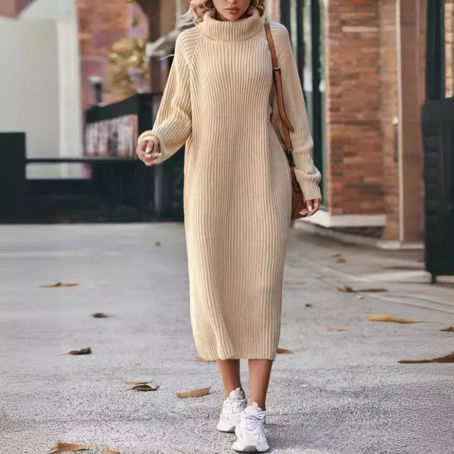 Solides Strickkleid für Damen, gerades Pulloverkleid, knöchellange Kleider, Rollkragen, lange Ärmel, lockere Passform, leichte Trech-Herbst