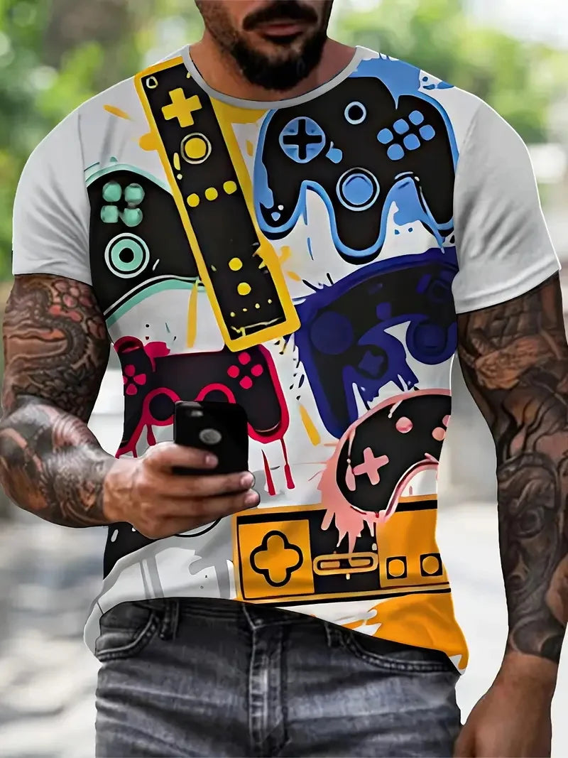 3D-Digitaldruck Herren Casual Vibrant Neon Game Controller Design T-Shirt Neu in Rundhalsausschnitt Kurzarm Gamer T-Shirt für Männer