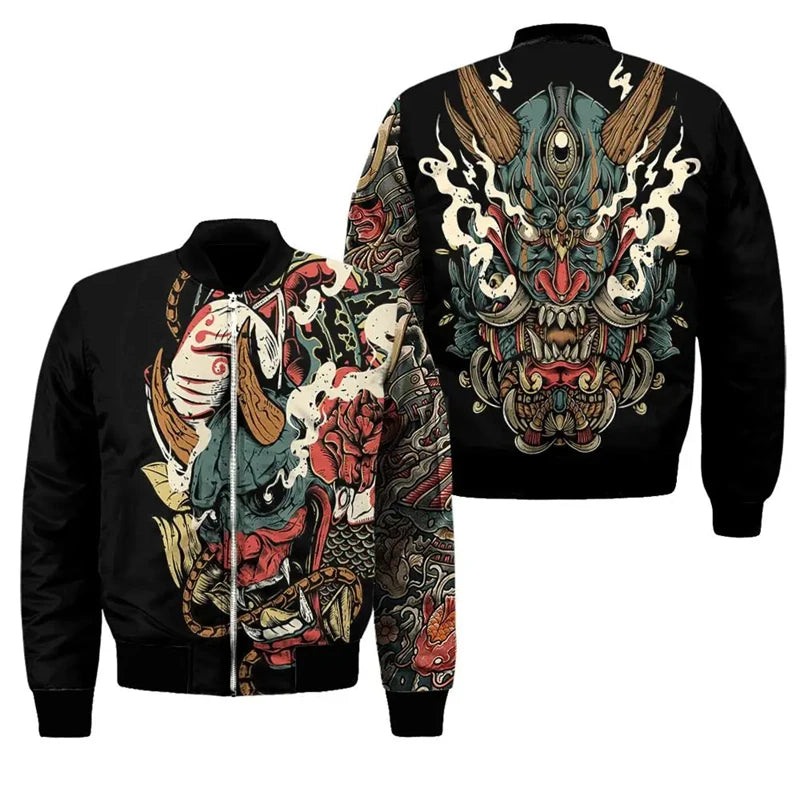 Frühling Herbst Herren Bomberjacke Samurai Oni Maske Tattoo 3D All Over Gedruckt Reißverschluss Trainingsanzüge Unisex Casual Reißverschluss Jacke Kleidung
