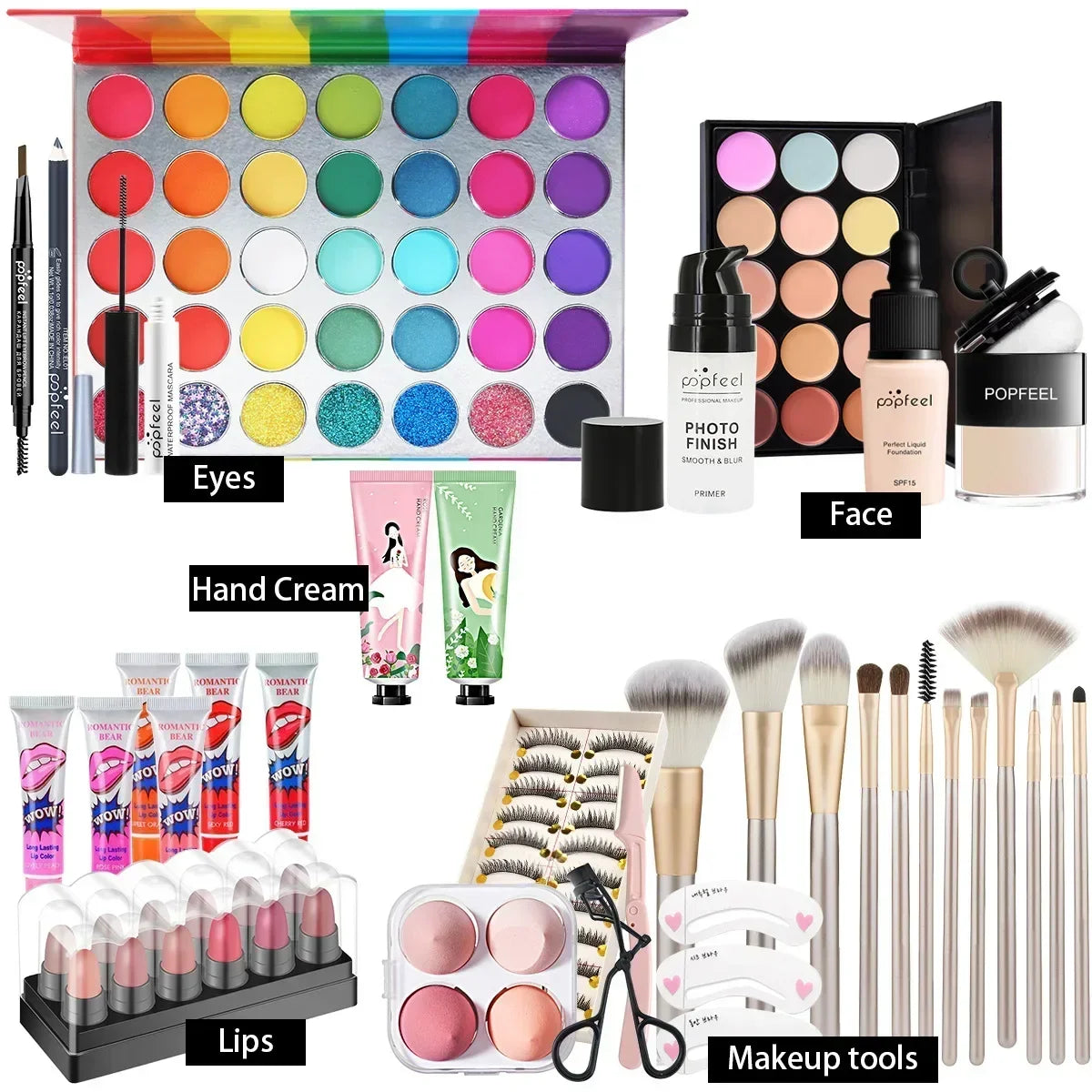 POPFEEL All-in-One-Make-up-Set, Geschenkset mit Lidschatten-Palette, Foundation, Lipgloss, Rouge, Pinsel, Eyeliner und mehr Schönheitsgeschenke