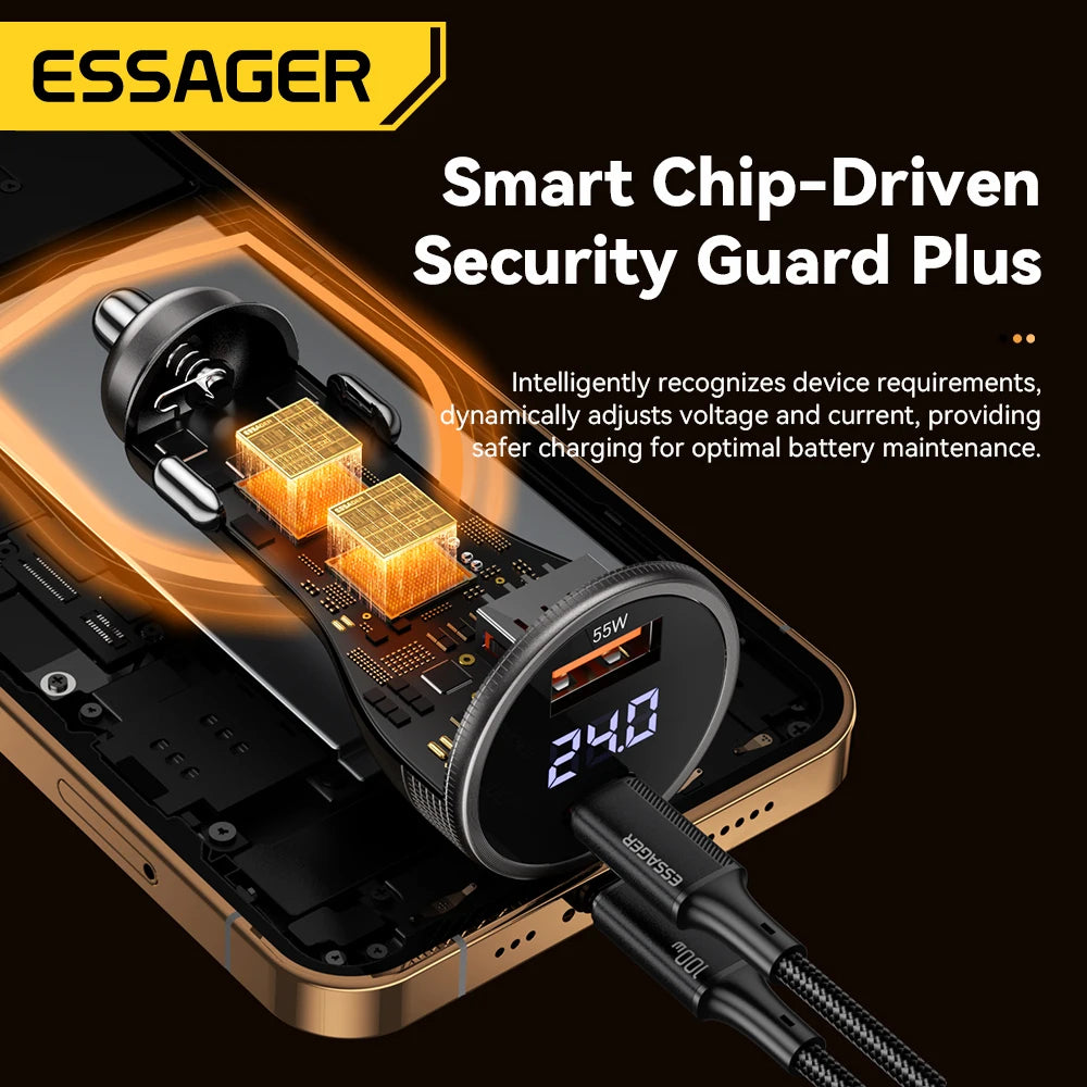 Essager 100 W Autoladegerät USB C Quick Charge PD 45 W für iPhone 15 pro 14 Xiaomi Poco Samsung Galaxy S24 Schnellladegerät