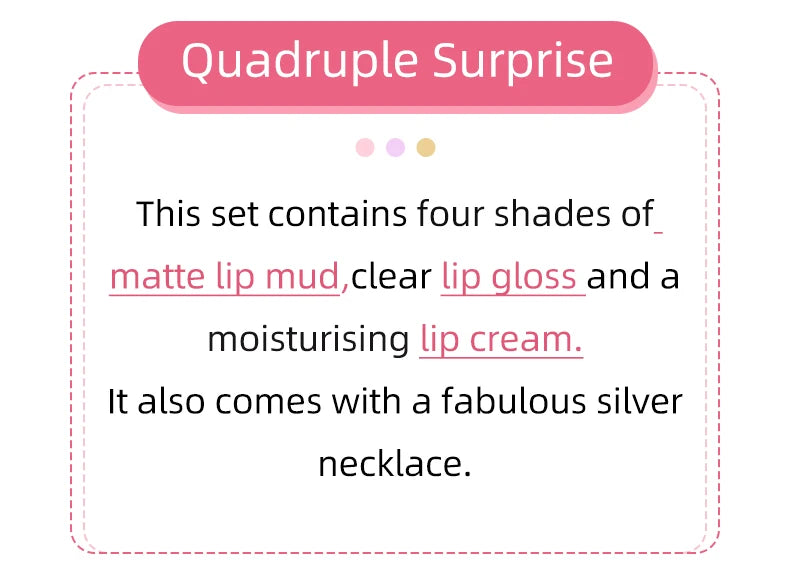 CACE Mattflüssiger Lippenstift-Make-up-Sets, 4 Farben Lipgloss und 1 transparenter Lipgloss und 1 Stück Lippenbalsam, praller und Halsketten-Geschenk