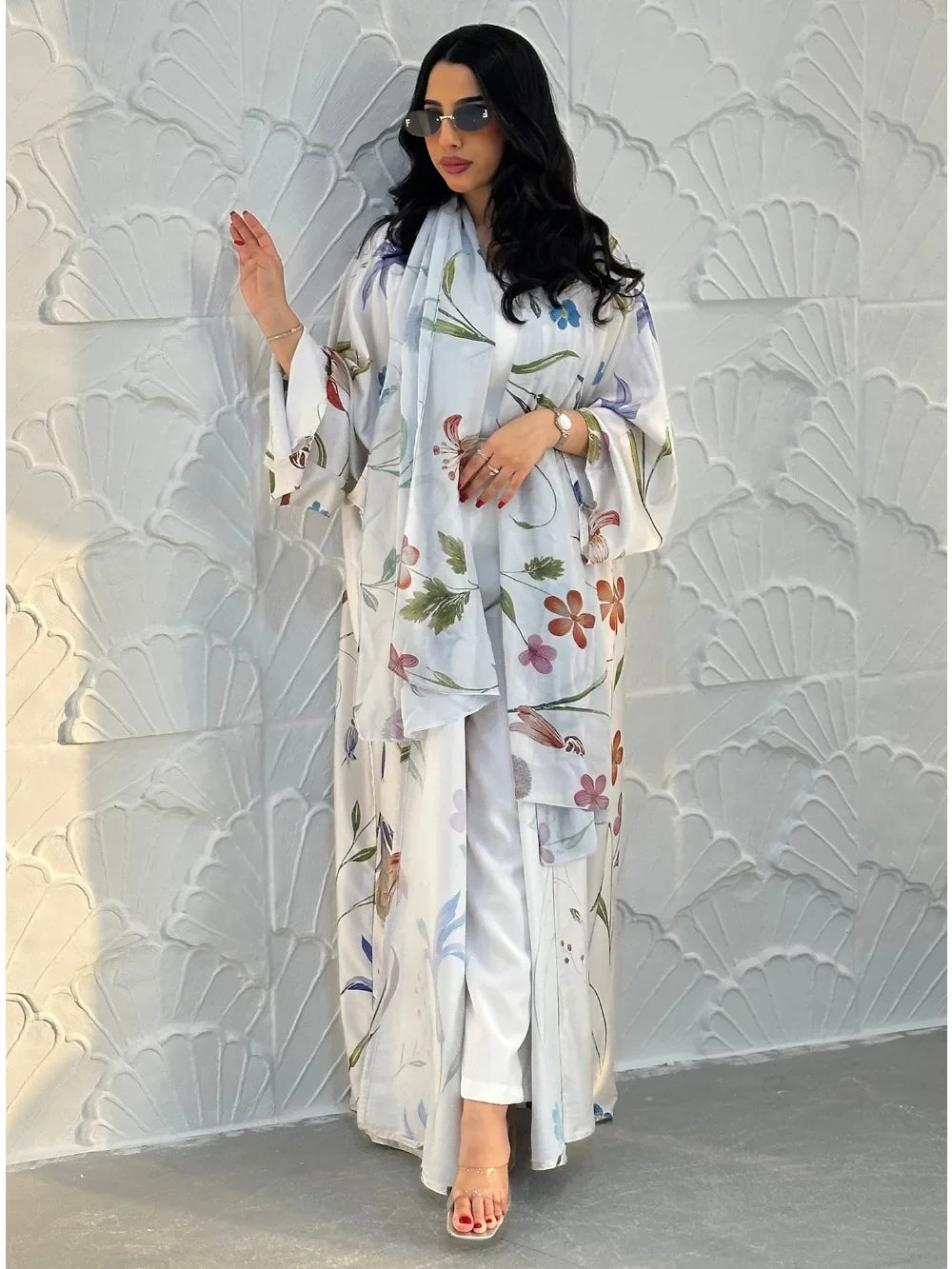 Dubai Cardigan Abaya Schal Damen Offenes Kleid 2-teiliges Set Eid Print Dubai Cardigan Marokko Kaftan Jalabiya Long Roeb Ramadan Party