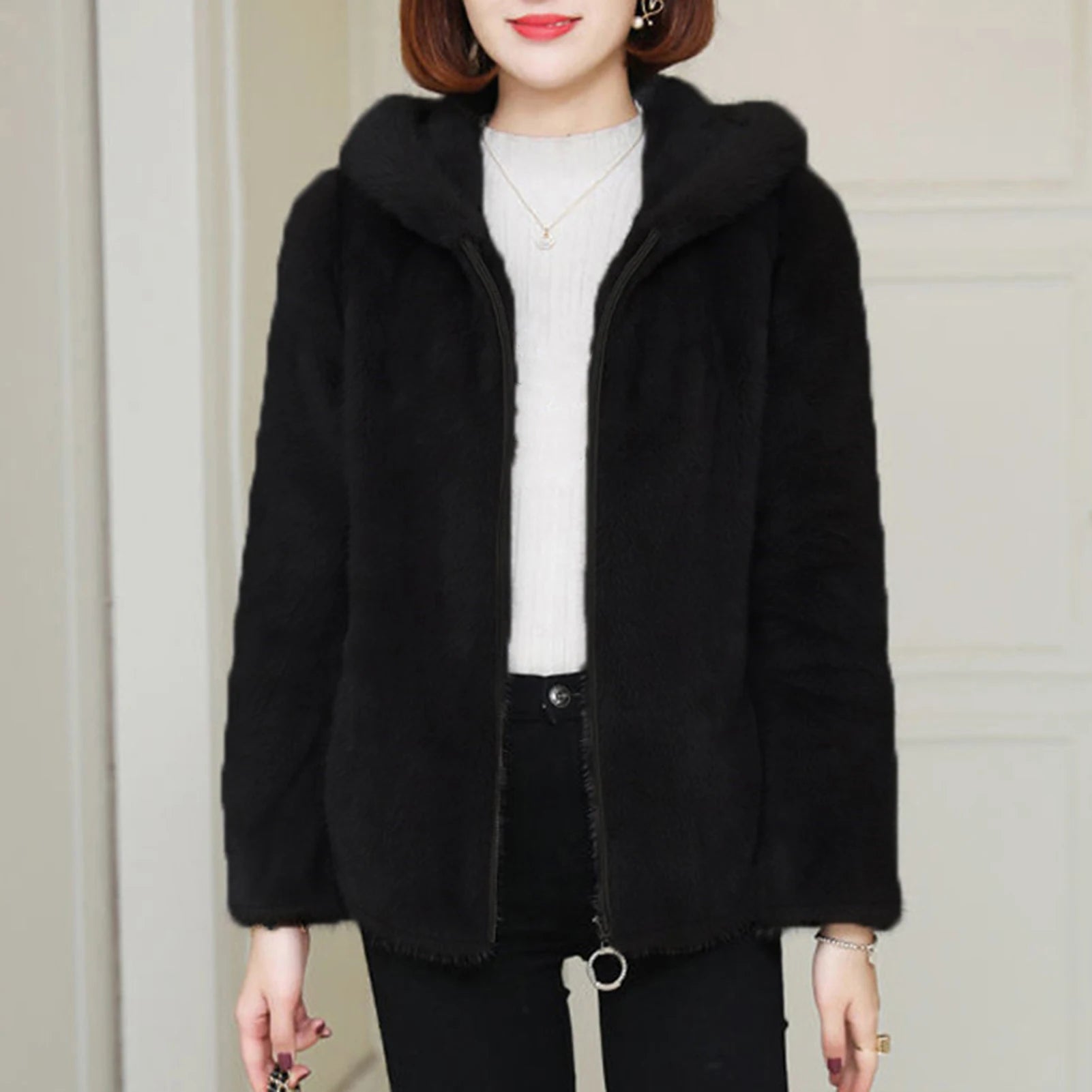 Kapuzenmantel, Polarfleece-Mantel, Plüsch-Winterjacken, Damen, doppelseitig, dick, lange Ärmel, Strickjacke mit Reißverschluss