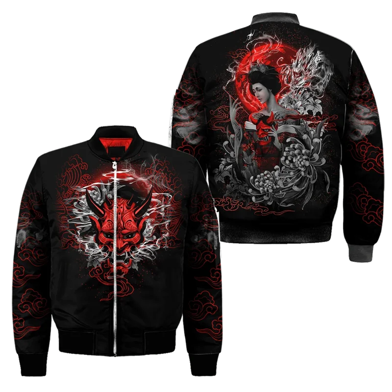 Frühling Herbst Herren Bomberjacke Samurai Oni Maske Tattoo 3D All Over Gedruckt Reißverschluss Trainingsanzüge Unisex Casual Reißverschluss Jacke Kleidung